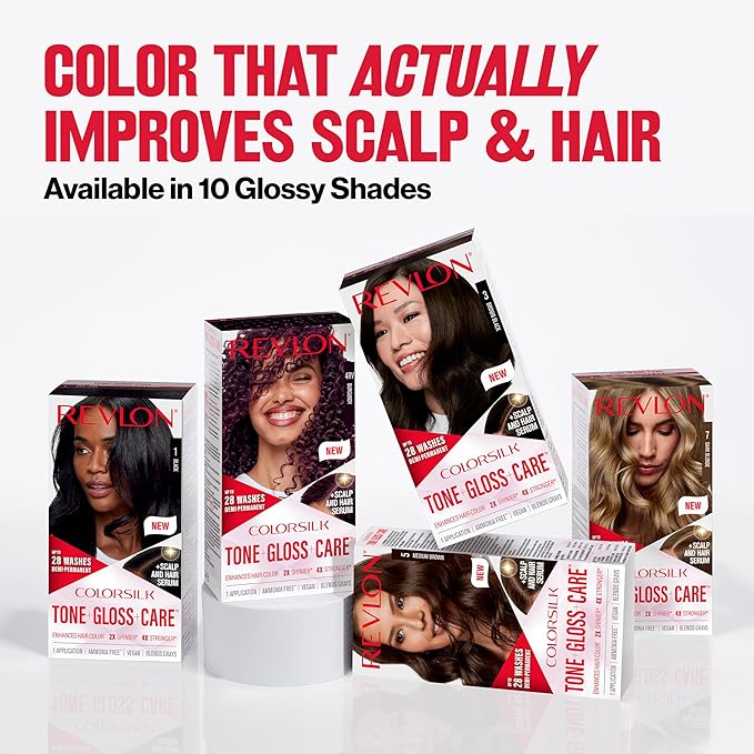 Revlon ColorSilk Tone + Gloss + Care Demi Permanent Hair Color, Dye Kit with Leave-In Scalp and Haircare Serum, 2x Shinier, 4x Stronger, 4RV Burgundy, 4.5 fl oz