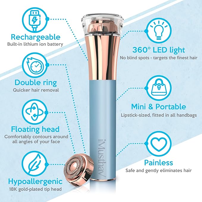 Professional Fast, Precise, Painless Facial Hair, Lips and Chin Remover for Women, USB Rechargeable Facial Epilator, 18K gold-plated hypoallergenic 13mm Dual ring floating head, 360° LED light