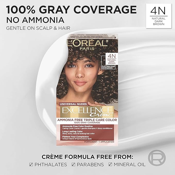 L’Oreal Paris Excellence Universal Nudes Permanent Hair Color, Ammonia Free Hair Dye for Gray Hair Coverage, 4N Natural Dark Brown, 1 Hair Dye Kit