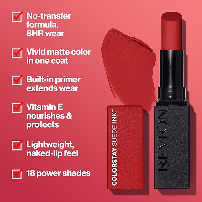 REVLON Lipstick, ColorStay Suede Ink, Built-in Primer, Infused with Vitamin E, Waterproof, Smudge-proof, Matte Color, 006 In The Money, 0.09 oz.
