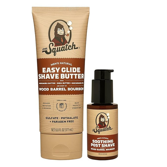 Dr. Squatch Wood Barrel Bourbon Smooth Shave Bundle - Easy Glide Butter + Soothing Post Shave - Natural Ingredients - Manly Fragrance - Moisturizing