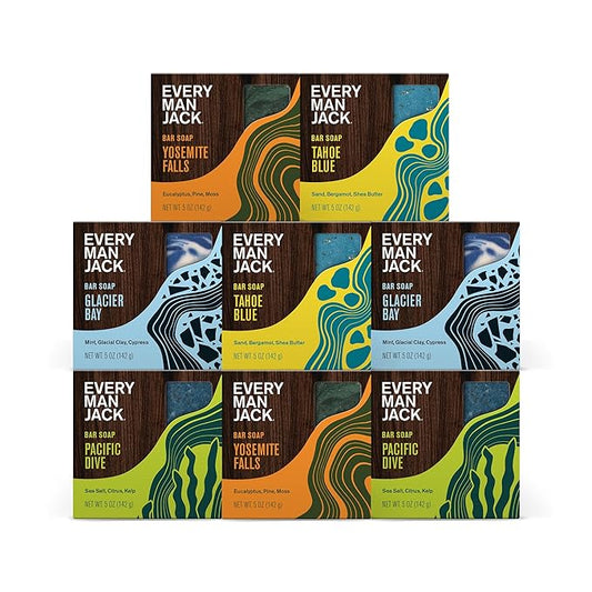 Every Man Jack Cold Plunge Mens Bar Soap Set - Deeply Cleans, Hydrates with Naturally Derived Ingredients - Iconic Cold Water Scents - Pacific Dive, Glacier Bay, Tahoe Blue, Yosemite Falls, 8 Bar Set