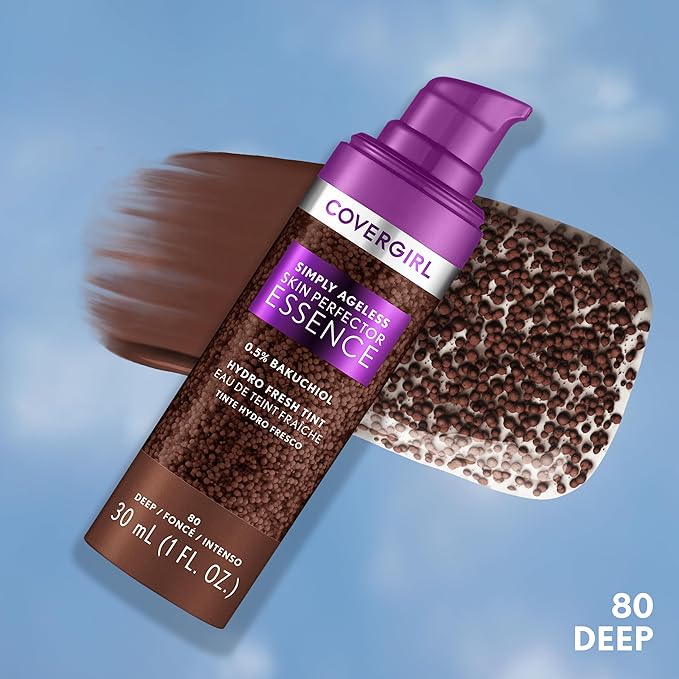 Covergirl Simply Ageless Skin Perfector Essence Foundation, 80 Deep, Tinted Skin Perfector, Skincare Makeup Hybrid, Sheer Tint, Radiant Finish, Skin-Like Finish, Vegan Formula, 1.0oz