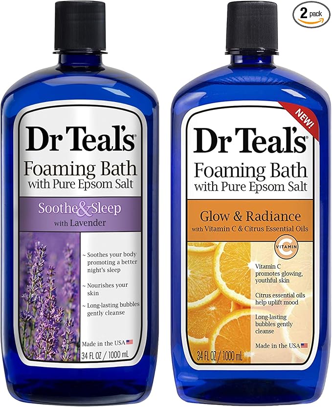 Dr. Teal's Foaming Bath Variety Gift Set (2 Pack, 34oz Ea.) - Soothe & Sleep Lavender, Glow & Radiance Vitamin C and Citrus - Essential Oils Blended with Pure Epsom Salt Relieve Pain & Daily Stress