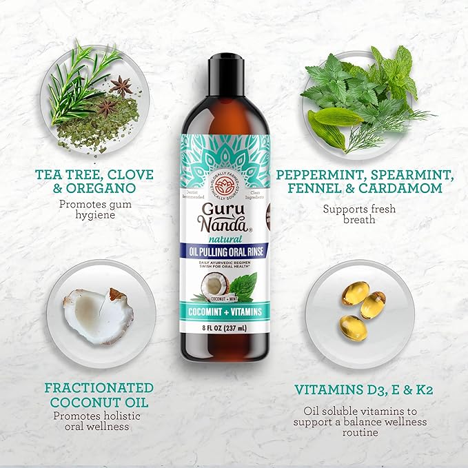 GuruNanda CocoMint Oil Pulling Mouthwash for Complete Oral Hygiene, 7 Essential Oils & Vitamins for Happy Teeth & Gums & Fresh Breath, Alcohol-Free, 3X8 oz