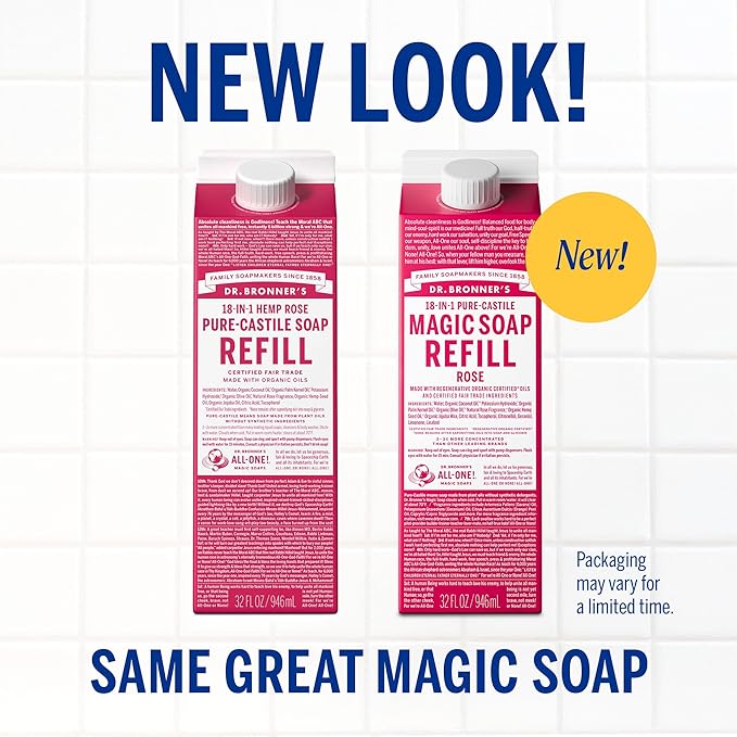 Dr. Bronner's Magic Soap-Pure-Castile Liquid Soap Refill (Rose 32 ounce, 2-Pack)-Regenerative Organic Certified Oils, For Body, Hair, Laundry, Pets & Dishes, Concentrated, Vegan, Non-GMO
