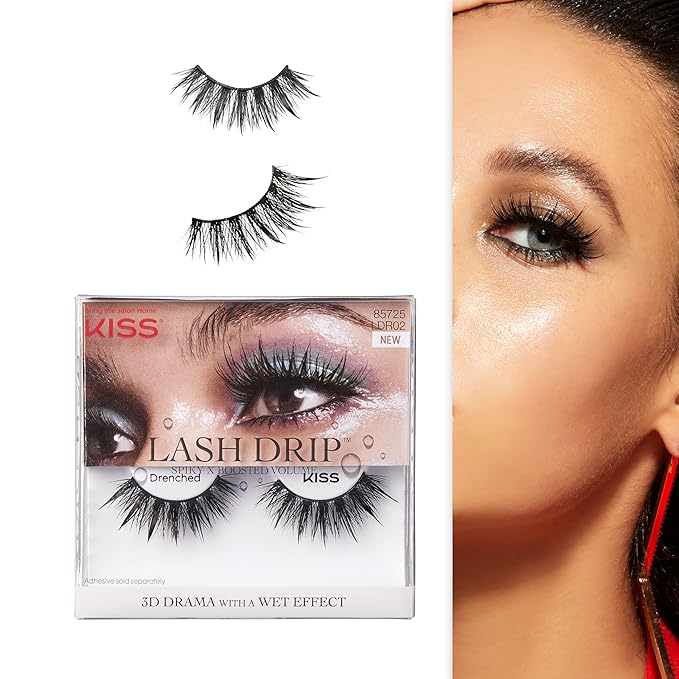 KISS Lash Drip False Eyelashes, Spiky X Boosted Volume, Unique Wet Look Hydrated Effect, Multi-Length Rewearable Fake Eyelashes, Wispy Crisscross Lash Pattern, Style ‘Drenched’, 1 Pair