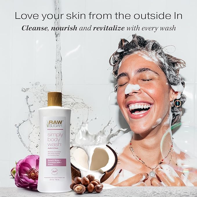 RAW SUGAR Simply Body Wash, Beach Rose + Coconut Milk + Shea (25 Fl Oz, Pack of 3) Sensitive Skin Bath Soap, Formulated without Sulfates & Parabens