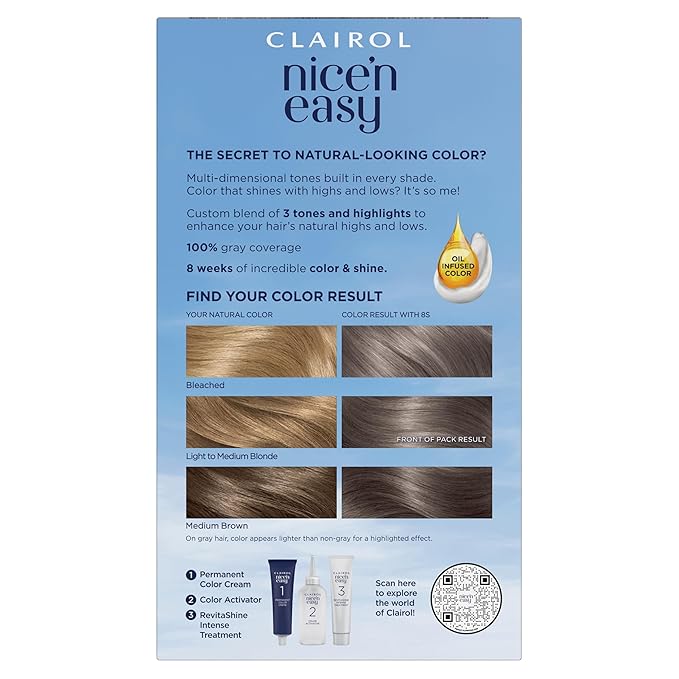 Clairol Nice'n Easy Permanent Hair Dye, 8S Soft Silver Hair Color, Pack of 1