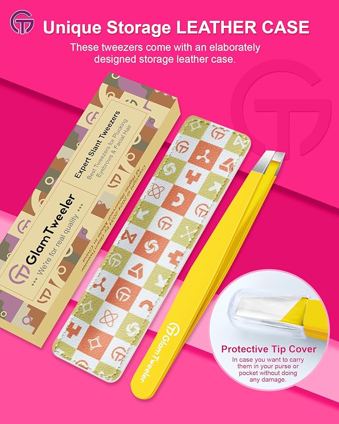 Expert Eyebrow Hair Removal Tweezer with Leather Case, GlamTweeler High Precision Slant Tip Stainless Steel Tweezers for Men and Women (Chartreuse Yellow)