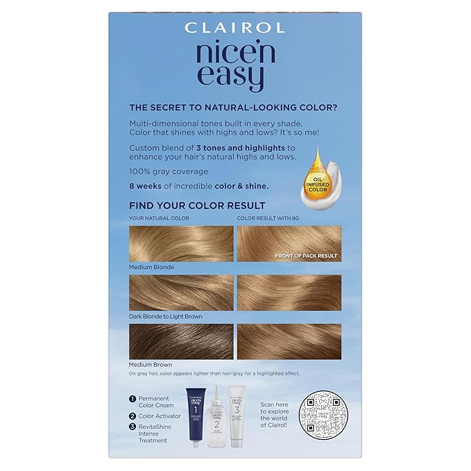 Clairol Nice'n Easy Permanent Hair Dye, 8G Medium Golden Blonde Hair Color, Pack of 3