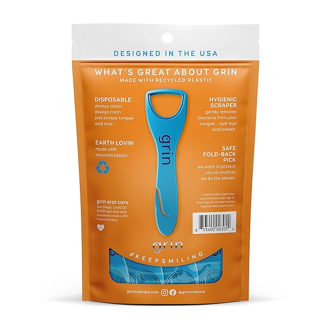 GRIN Tongue Cleaner, 32 Count, Disposable Tongue Cleaner, Hygienic Scraper, Recycled Plastic, Clean Tongue, Promote Fresh Breath, Includes Safe Fold- Back Tooth Pick (Pack of 2)
