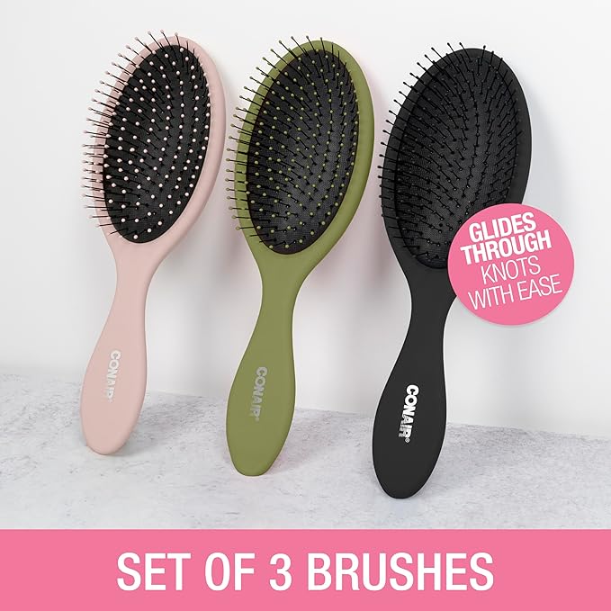 Conair Detangling Hair Brush 3PK - For wet and dry hair - curly hair brush - hair brushes for women - detangler brush - hair brushes for women - Evergreen, Blush Pink, Black Assorted