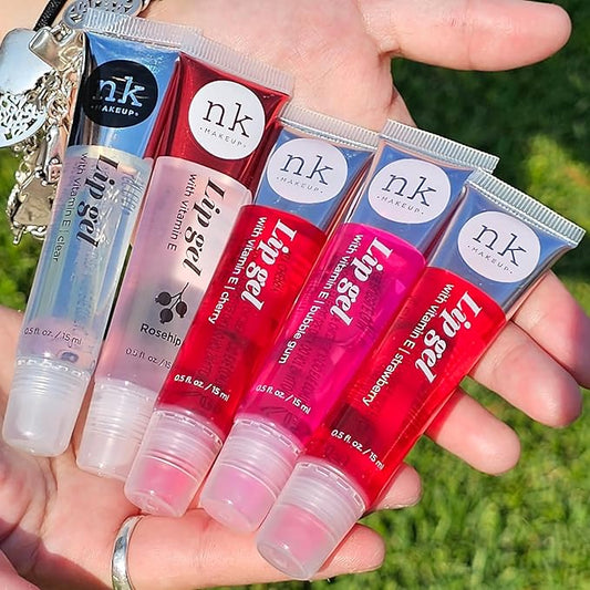 5 Pack Variety Bundle of Lip Gels With Viatmin E - Clear, Rosehip, Strawberry, Cherry, and Bubble Gum Hydrating Lip Glosses