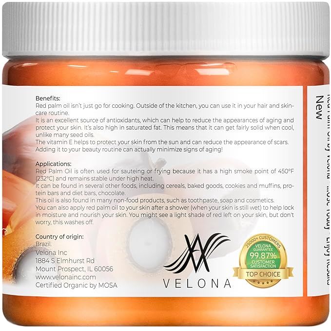 velona USDA Certified Organic Red Palm Oil 16 Fl Oz | Food and Cosmetic Grade | in jar | Extra Virgin, Cold Pressed | Skin, Face, Body, Hair Care | Use Today - Enjoy Results