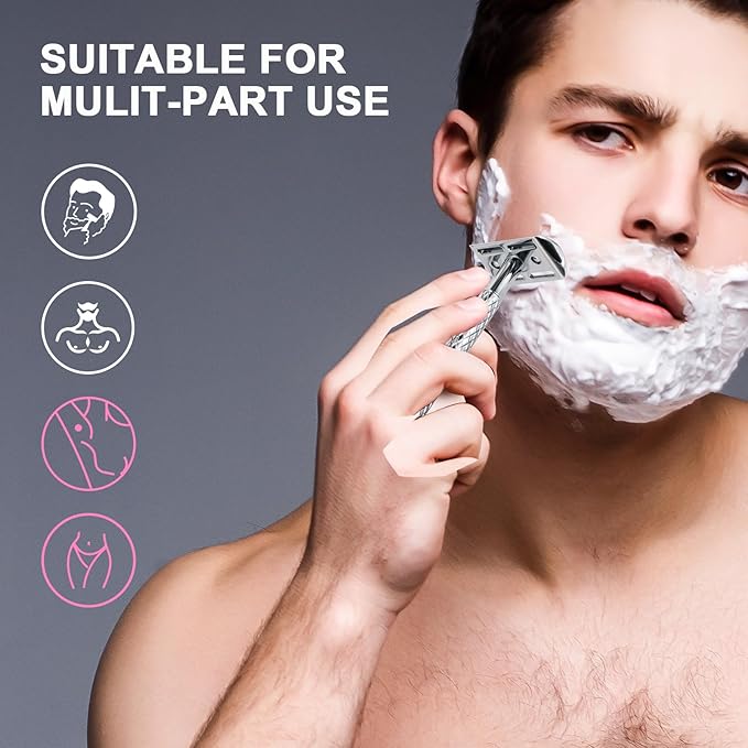 Double Edge Safety Razor with Chrome Plated Handle & Silicone Cover & 10 Blades Single Blade Safety Razor for Travel Metal Eco-Friendly Reusable Razor for Shaving