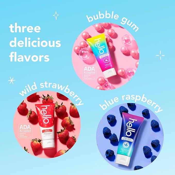 hello Kids Fluoride Toothpaste Variety Pack, Includes Strawberry, Unicorn Bubble Gum, and Blue Raspberry Toothpastes, Safe for Ages 2 and Up, 3 Pack, 4.2 Oz Each