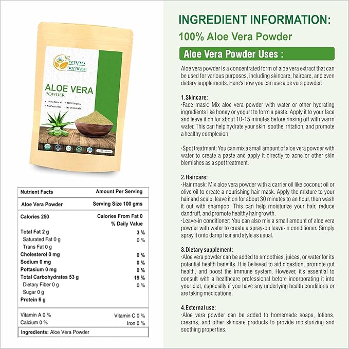 Herbs Botanica Aloe Vera Powder Organic for Hair 5. /150g 3oz