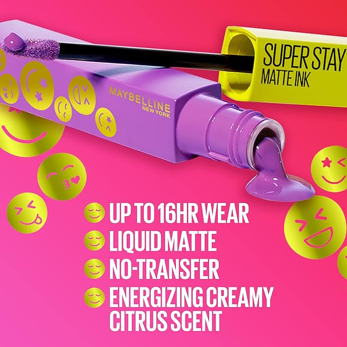 Maybelline Super Stay Matte Ink Liquid Lip Color, Moodmakers Lipstick Collection, Long Lasting, Transfer Proof Lip Makeup, Energizer, Bright Red, 1 Count