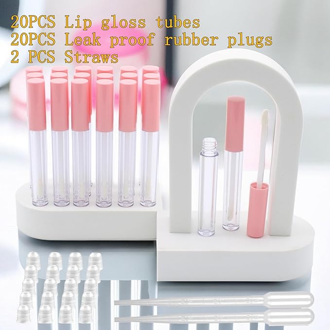 10cm Empty Lip Gloss Tubes With Wand Lipgloss Tubes Cute With Pink Lids Lip Balm Bulk Refillable Cosmetic Containers Diy Lip Gloss Making Kit（20pcs）