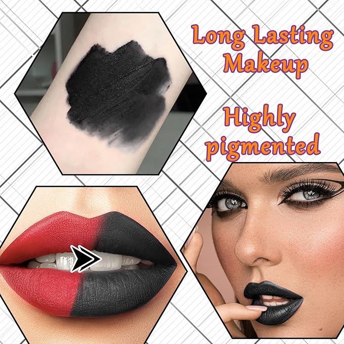 Black Velvet Matte Liquid Lipstick and Lip Liner Set - Smudge-proof, Long-lasting, Waterproof Black Lip Gloss Stain and Liner Pencil for Goth Halloween Cosplay Makeup