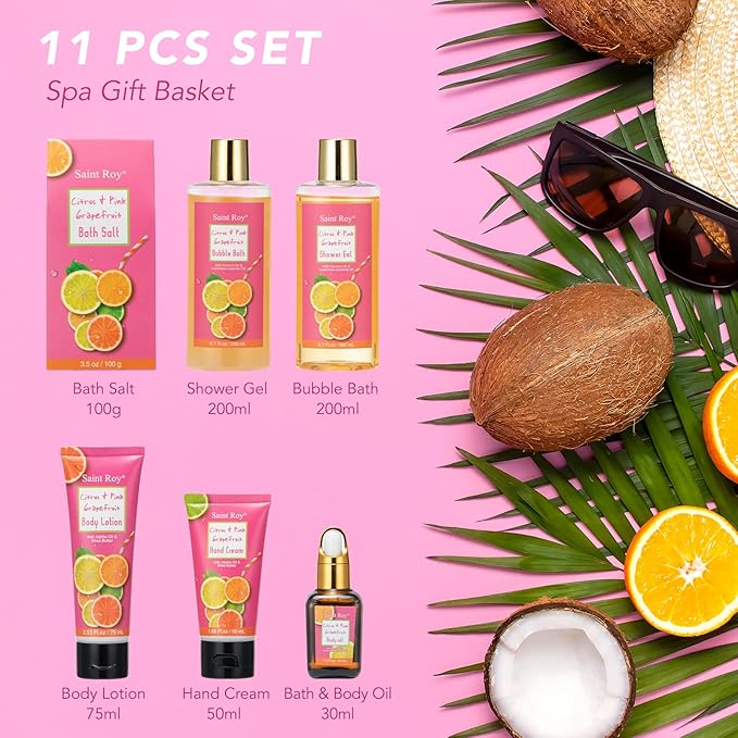 Bath & Body Gift Set, Luxury Home Spa Bath Gift Basket Citrus & Pink Grapefruit Spa Kit Gift Woman, 11 Pcs Self Care Kit Gifts With Bubble Bath, Massage Oil, Bath Brush, Birthday Gifts for Women