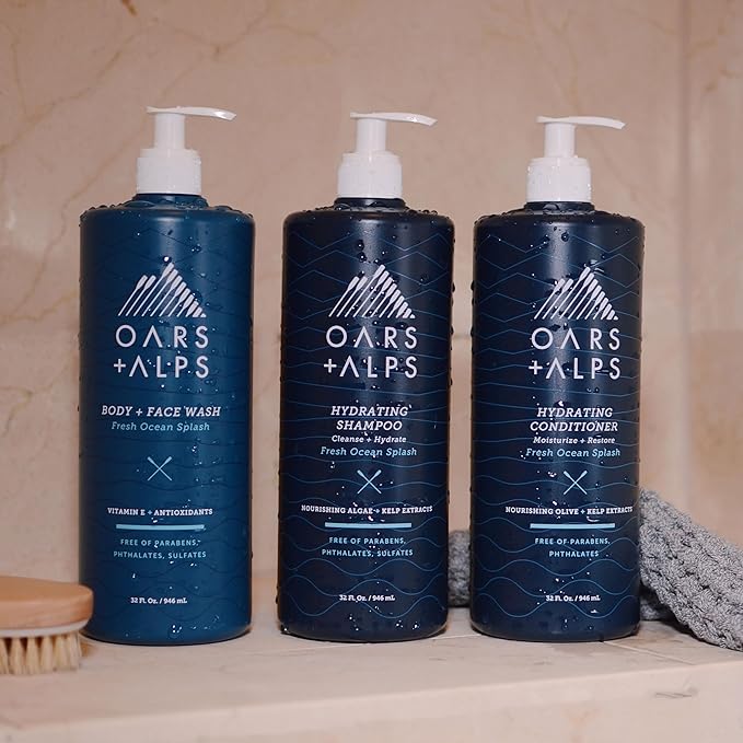 Oars + Alps Mens Moisturizing Body and Face Wash, Skin Care Infused with Vitamin E and Antioxidants, Sulfate Free, Fresh Ocean Splash 32oz