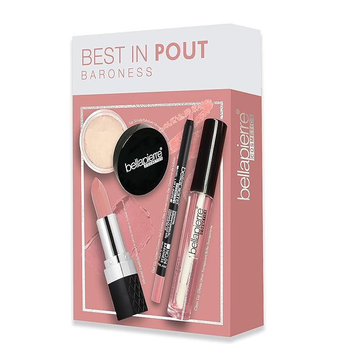 bellapierre Best in Pout Kit | Lip Scrub, Mineral Lipstick, Gel Lip Liner & Clear Lip Gloss | Non-Toxic and Paraben Free | Oil and Cruelty Free - Baroness