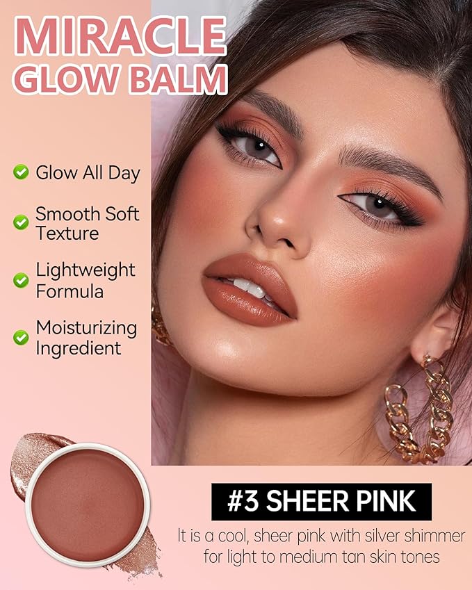 Multi Glow Balm,Miracle Glow Balm Tinted Face Creamy Blush for Cheeks Lip Eye,Hydrating Lightweight & Blendable Color,Shimmer Blusher Facial Makeup,Mother's Day Gift for Women Girl -03 Sheer Pink