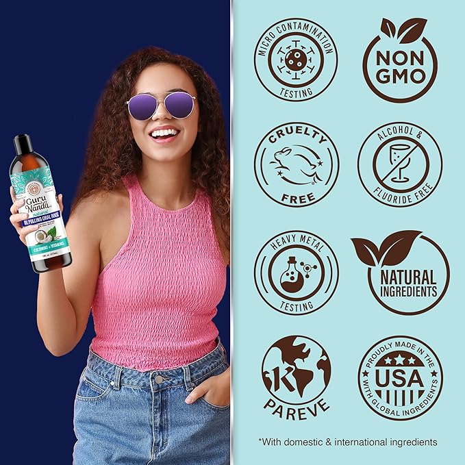 GuruNanda CocoMint Oil Pulling Mouthwash for Complete Oral Hygiene, 7 Essential Oils & Vitamins for Happy Teeth & Gums & Fresh Breath, Alcohol-Free, 16 oz