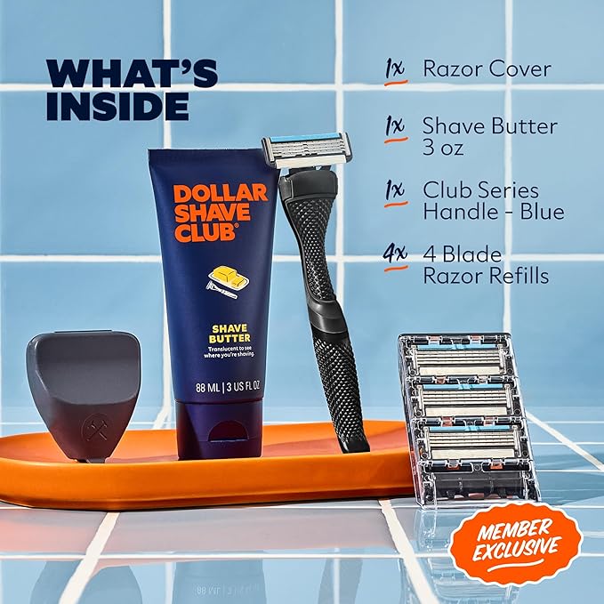 Dollar Shave Club | The Member Exclusive Shave Set | 4 Swift Rinse Refill Cartridges, 1 Handle (Black), 1 Shave Butter 3 ounce, 1 Razor Cover