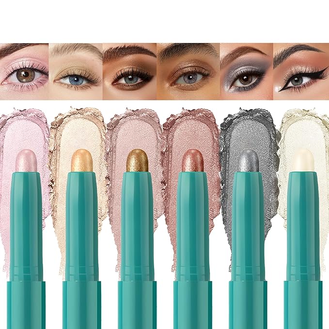 6 Colors Eyeshadow Stick Set, Eye Brightener Stick Shimmer Smooth Cream Eyeliner Pencil Long Lasting Waterproof Glitter Highlighter Eye Shadow Makeup
