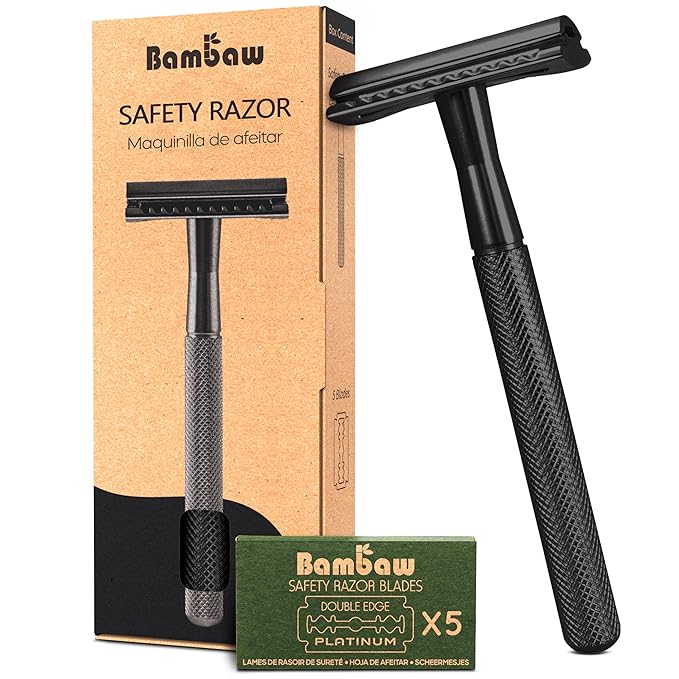 Bambaw Safety Razor for Men with 5 Double Edge Safety Razor Blades, Safety Razors for Men, Sustainable Metal Razor, Zero Waste - Black