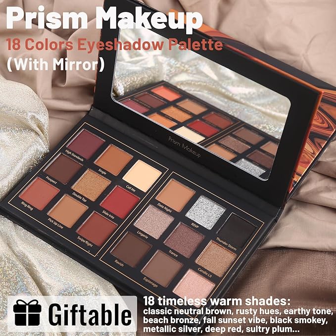 Prism Makeup Matte Eyeshadow Palette Pro 18 Colors Pigmented Shimmer Glitter Eye Shadow Palette, Long Lasting Waterproof Smokey Powder Cosmetics Halloween Makeup Kit (01# Seductress)