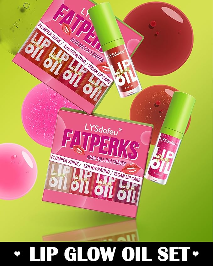 4 Colors Lip Oil Lip Glaze,Hydrating Tinted Plumping Lip Gloss,Clear Pink Shiny Glow Reviver Lip Care Oil,Longlasting Non-sticky Transparent Lip Oil,Women's Day Makeup Gift Kit for Women-SetA