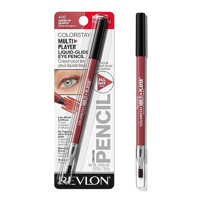 REVLON ColorStay Multiplayer Liquid-Glide Eye Pencil, Multi-Use Eye Makeup With Blending Brush, Blends Then Sets, Creamy Texture, Waterproof, Smudge-proof, Longwearing, 406 Queen of Hearts, 0.03 oz