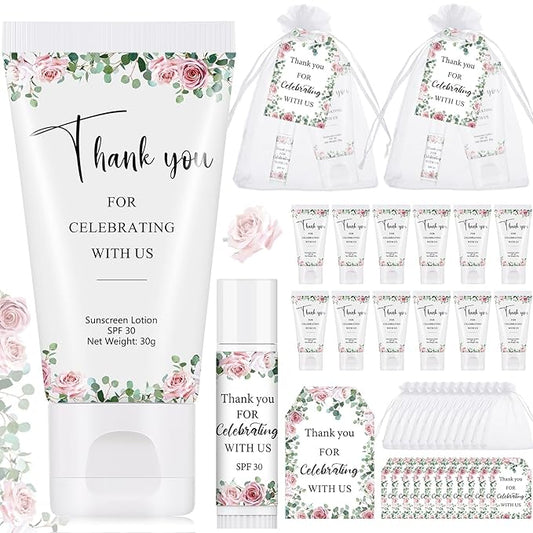 12 Sets Thank You Gifts Mini Sunscreen and Sunscreen Lip Balms Travel Size Thank You Gifts for Weddings Baby Shower Favors Supplies(Wedding)