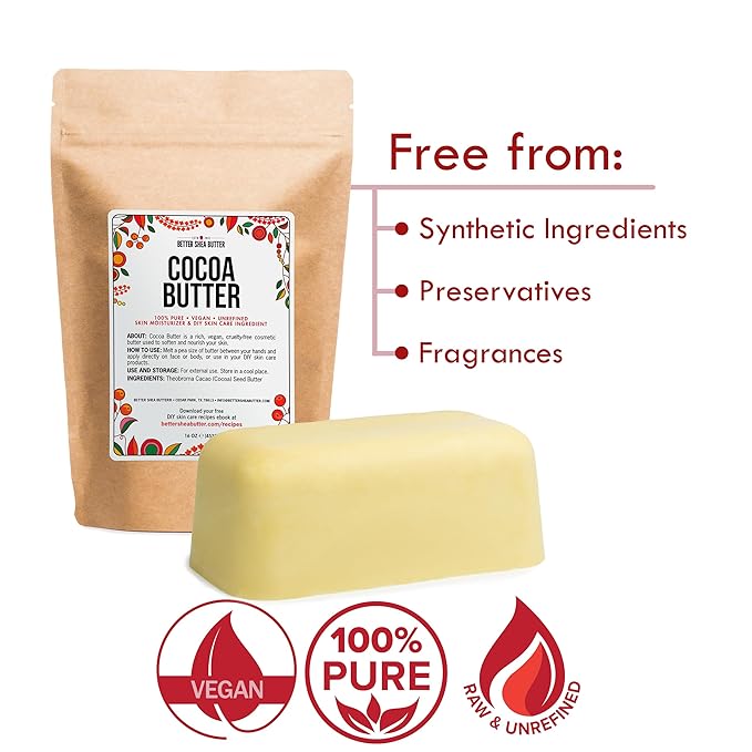 Better Shea Butter Raw Cocoa Butter - Unrefined, 100% Pure, Food Grade - Use for Cocoa Lip Balm, Stretch Marks Cream, Cacao Butter Cream, Scars Oil, Whipped Lotion - Skin & Hair Moisturizer 1LB Block