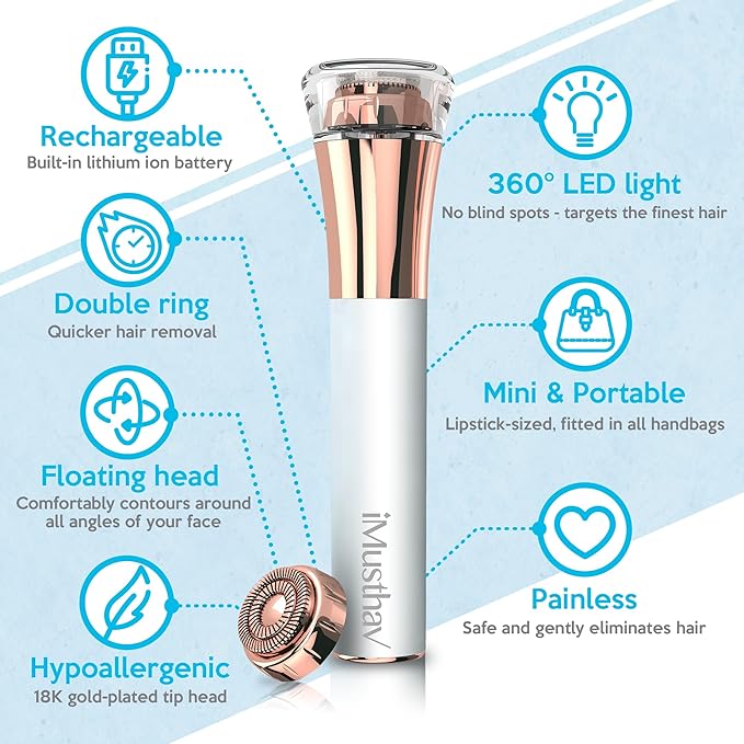 Professional Fast, Precise, Painless Facial Hair, Lips and Chin Remover for Women, USB Rechargeable Facial Epilator, 18K gold-plated hypoallergenic 13mm Dual ring floating head, 360° LED light