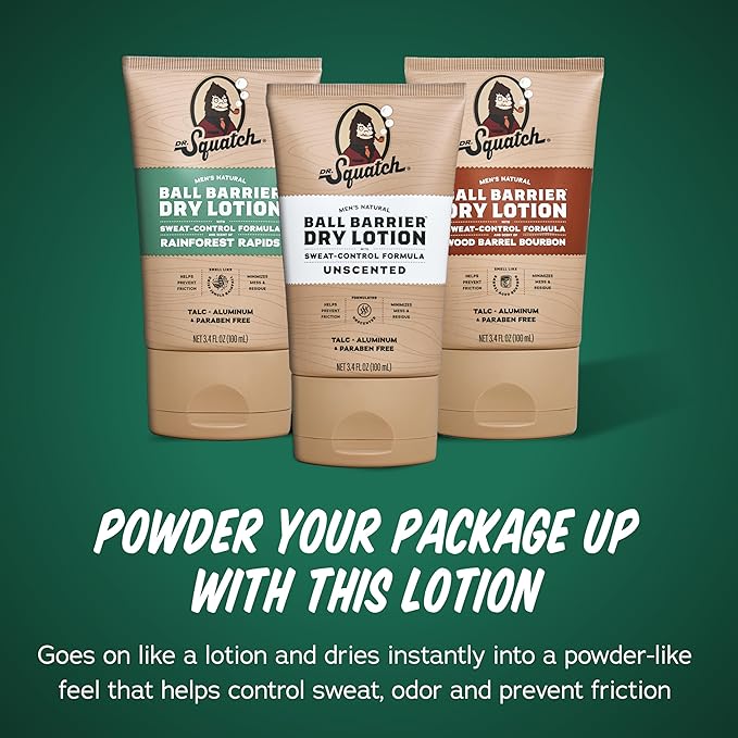 Dr. Squatch Ball Barrier Dry Lotion, No Mess Body Powder Lotion for Men, Made With Natural Ingredients - 2-Pack Wood Barrel Bourbon