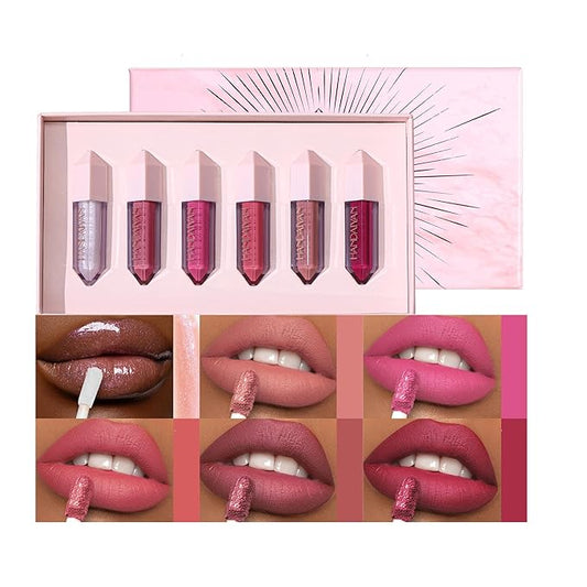6PCS Diamond Lip Gloss Set, Matte & Pearlescent Finish, Long-Lasting Hydrating Lipstick, Non-Sticky, High-Pigment Formula for All-Day Wear, Shimmer & Velvet Effect (Diamond A, 1)
