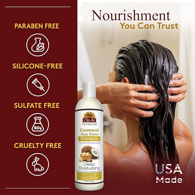OKAY Coconut&Shea Butter Shampoo Helps Fortify,Strengthen,and Revitalize Hair Sulfate,Silicone,Paraben Free For All Hair Types and Textures Made in USA 12oz