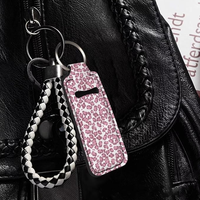 Horeset Pink Leopard Print Chapstick Holder Keychain, Neoprene Girls