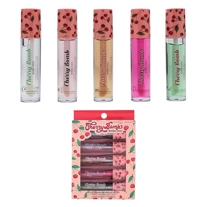 5pc Lip Oil Set - Cherry Bomb Lip Oils, Lip Healing Cherry Infused Lip Oil Collection with Precision Applicator Wand Everyday Lip Care and Lip Repair (CHERRY BOMB)