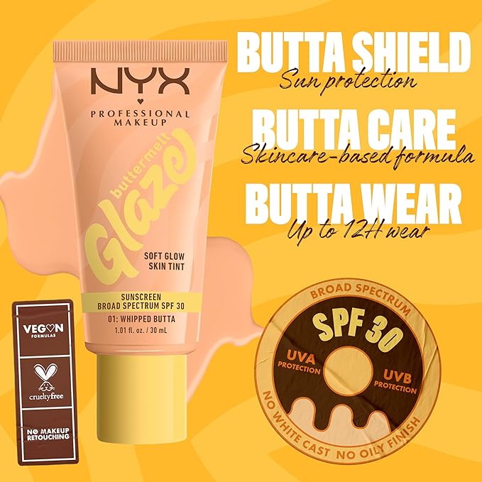 NYX PROFESSIONAL MAKEUP Buttermelt Glaze Soft Glow Skin Tint with SPF 30, Up To 12HR Wear, 01 Whipped Butta