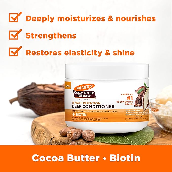 Palmer's Cocoa Butter & Biotin Length Retention Deep Conditioner, Strengthen, Nourish and Restore Elasticity and Shine, Suitable for All Curly Hair Patterns 8.5 Ounce