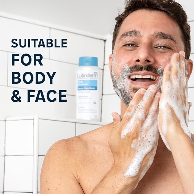 Lubriderm Daily Moisture Body + Face Wash, Hydrating Body Wash + Moisturizing Facial Cleanser with Pro-Ceramide & Shea Butter to Gently Cleanse, Light Fragrance & Hypoallergenic, 16 fl. oz