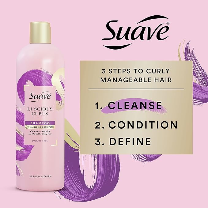 Suave Pink Luscious Curls Shampoo for Defining Curly Hair with Amino Acid Complex 16.5 oz