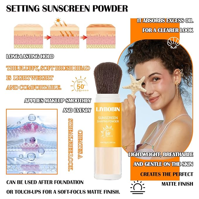 Sunscreen Setting Powder,SPF 50+ PA++++,Oil Control Waterproof Mineral Sunscreen Brush