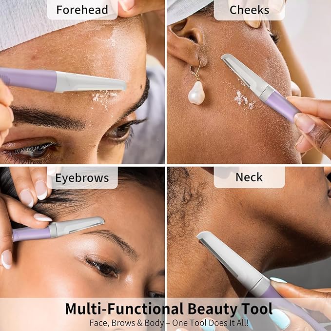 Face Razors for Women, Dermaplane Razor for Women Face, Eyebrow Razor, Facial Razors, Dermaplaning Tool, Reusable Metal Handle with 4 Microblades for Sensitive Skin, Peach Fuzz Remover, Purple